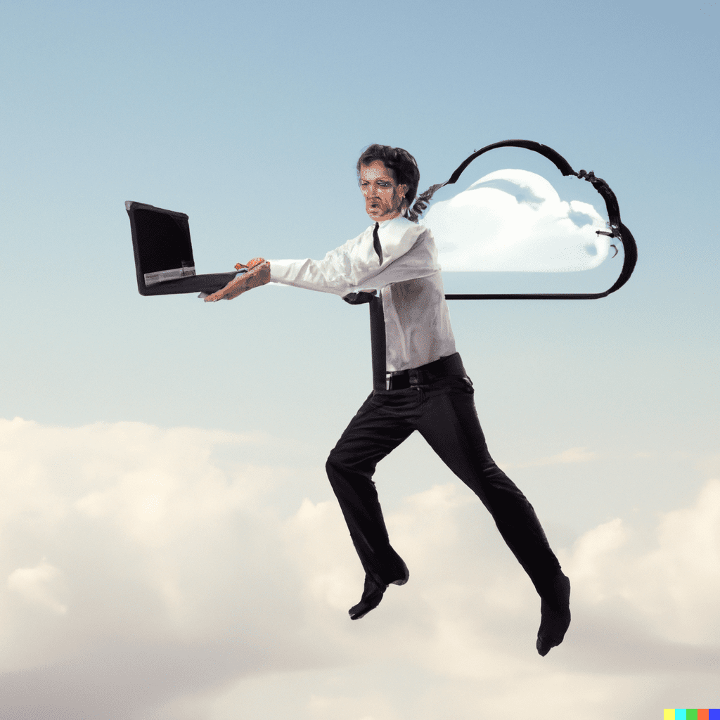 A consultant up above clouds with a cloud behind him. He is dressed in business attire and holding a laptop up in front of him. Behind him is a little cloud that appears to be outlined by clear angel wing in the same shape. It is in the style of surrealistic art.