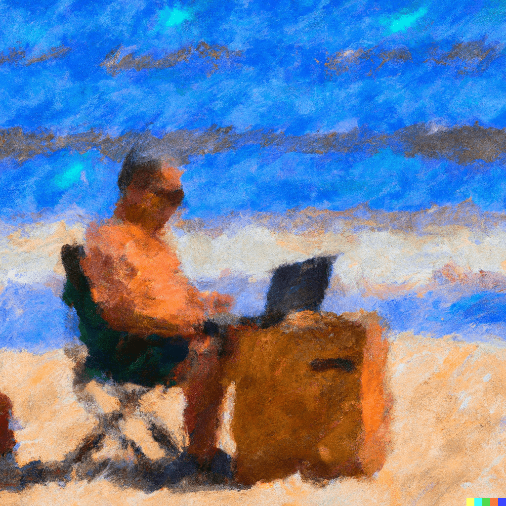 Picture of a man with a laptop sitting on a chair working at the beach. It is in the style of an impressionist artist.