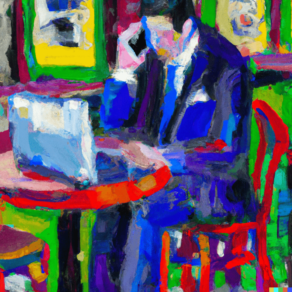 A man working in a cafe sitting at a round table with his laptop computer. The picture is in the style of impressionist art.