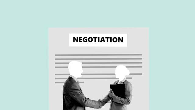 An illustration of a man and a woman shaking hands. Behind them are lines reminiscent of words in paragraphs. Above them is the word "NEGOTIATION"