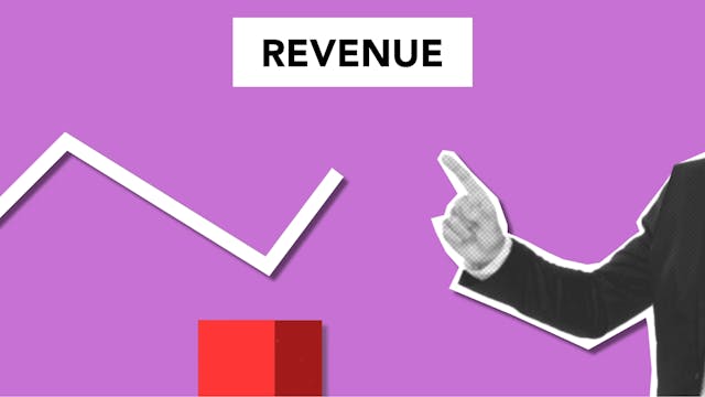 An image with the word REVENUE at the top. On the left is a graph line and on the right an arm with the index finger pointing up toward the word REVENUE.