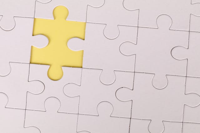 A jigsaw puzzle with blank pieces and one piece with color that stands out from the rest, representing the niche of a shoestring independent consultant.