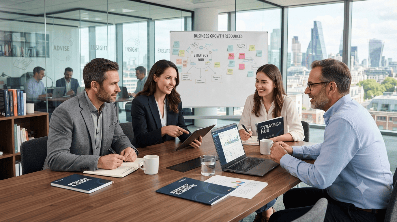 A professional, candid photograph of a diverse four-person team collaborating around a large wooden conference table in a modern, sunlit office with floor-to-ceiling glass windows overlooking the London skyline. They are engaged in a strategy session, with laptops, open notebooks, and coffee cups on the table. In the background, a whiteboard is covered with sticky notes and diagrams titled 'Business Growth Resources,' and blurred colleagues are working at workstations. The overall impression is one of collaboration, expertise, and modern business.